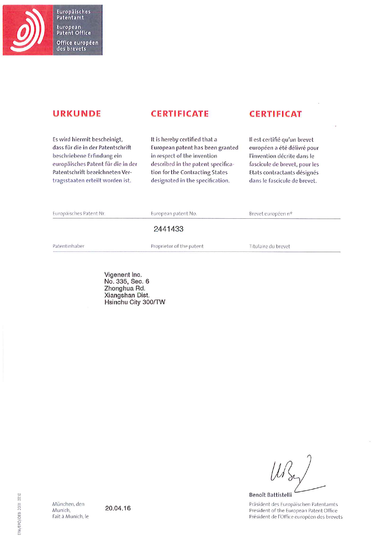 European patent grant certificate